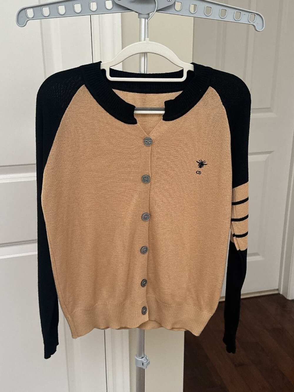 New Tan Black Colorblock Button Front Cardigan Preppy Varsity Sweater